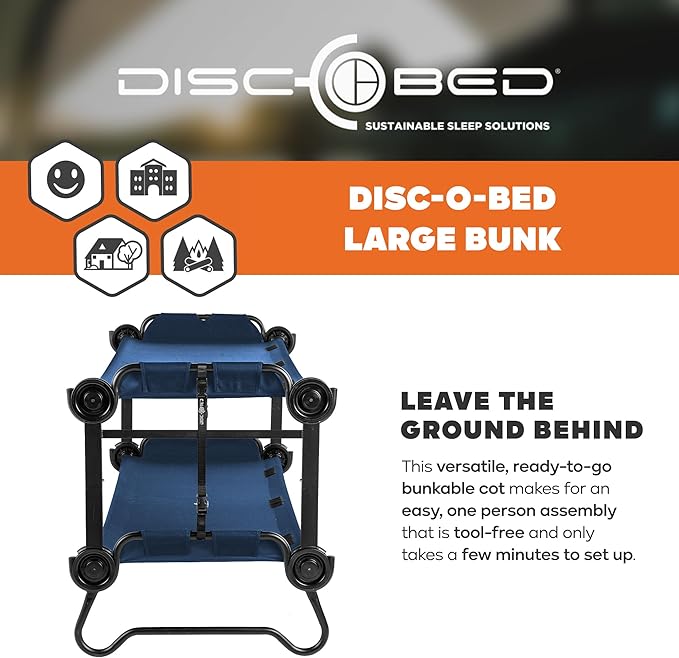 Disc-O-Bed Large Outdoor Convertible 2 Person Bench and Double Camping Cot Portable Bed Bunk System for Adults, Navy