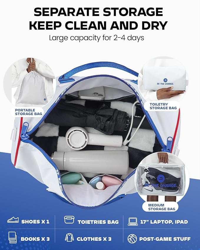 4Pcs/Set Waterproof Sports Duffel Bag 1000D Nylon Durable Gym Bags for Men and Women Overnight Bag with 3 Accessory Bags of Wet & Dry Separation Upgrades 2.0 White