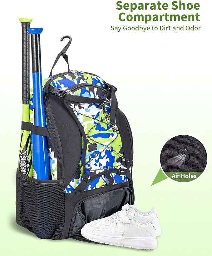 Youth Baseball Bag, Softball Bat Bag for Girls Boys & Adults, Kids Tball Backpack with Shoes Compartment, Large Capacity Equipment Backpack