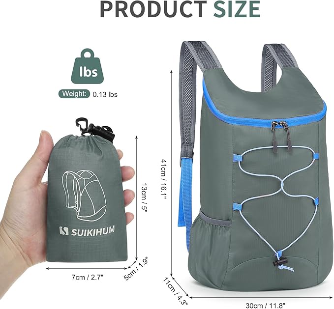 20L Hiking-Daypack Lightweight Foldable Travel Packable Backpack for Camping Cycling Outdoor, Gray