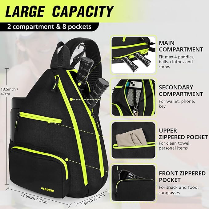AEROBIX Pickleball Bag for Women & Men, Pickle Ball Backpack - Upgraded Zippers, Large Capacity, Padded Paddle Pocket, Adjustable Sling Bag (No Accessories)