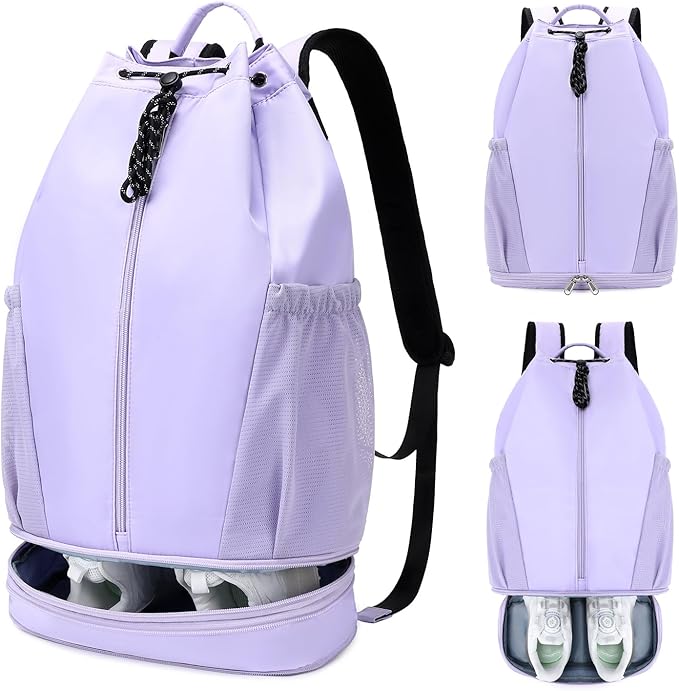 mygreen Gym Drawstring Backpack with Shoe Compartment – Waterproof Sports Bag, Lightweight & Breathable for Gym, Travel, Yoga | Large Capacity, Foldable Design Purple