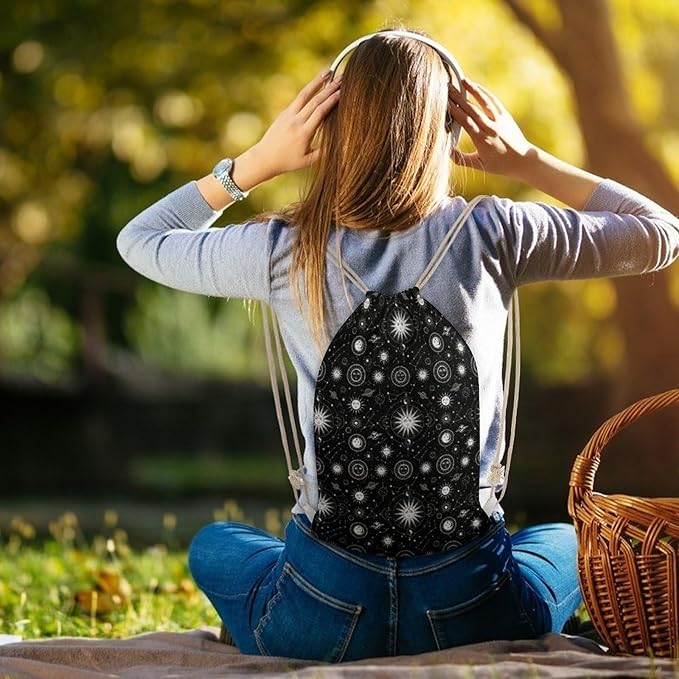 Canvas Drawstring Backpack for Men Women Lightweight Workout Gym Storage Bag, Sun Moon Star Constellation Art Funny Drawstring Bags for Travel Sport