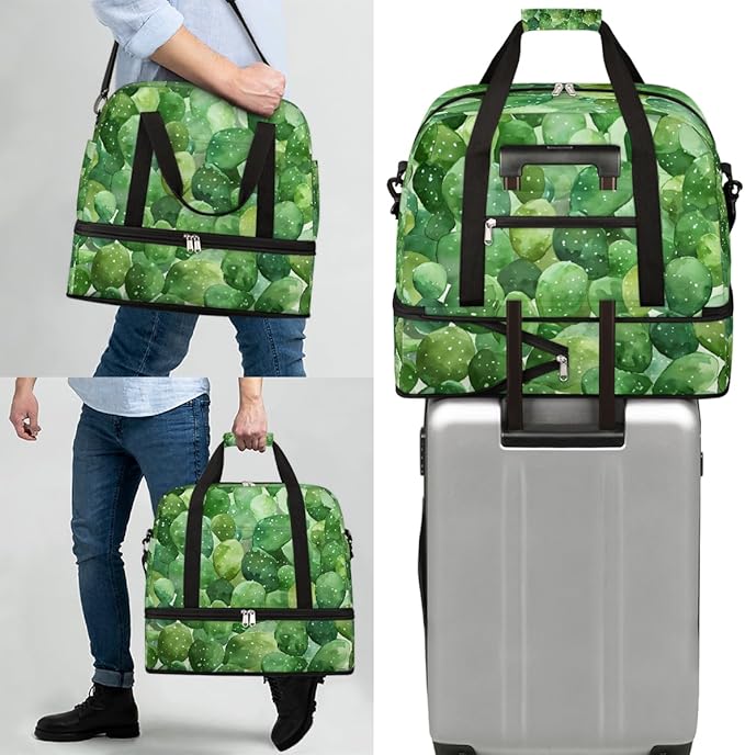 Plant Cactus Green Travel Duffle Bags With Shoes Compartment for Women Men Weekender Overnight Bag Foldable Sports Tote Gym Carry On Luggage Handlebag for Travel Yoga Hospital Workout
