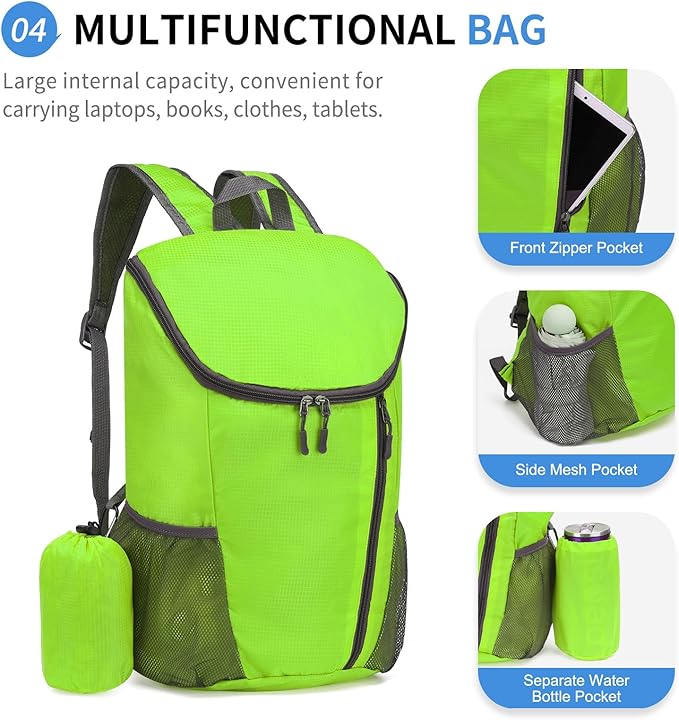 Hiking Backpack, 20L Packable Daypack for Men Women, Nylon with Adjustable Straps, Lightweight Waterproof Outdoor Camping Travel, Green