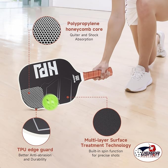 HUDEF USAPA Pickleball Paddles Set: Graphite & Fiberglass Honeycomb Core, 4 Outdoor Balls, PU Leather Carry Bag