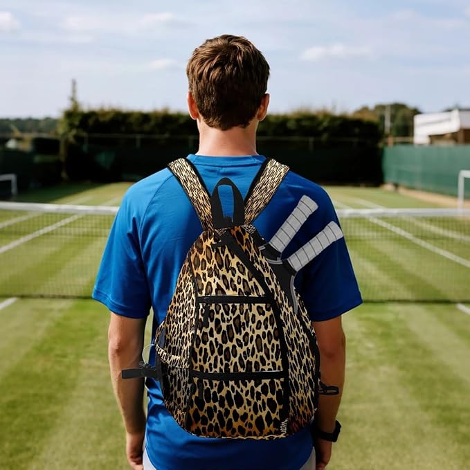 Brown Leopard Print Premium Nylon Pickleball Backpack, 3-in-1 Convertible Shoulder Crossbody Sling Bag for Women Men, Lightweight Bag Fits 2-4 Pickleball Paddles & Tennis Sports Gear