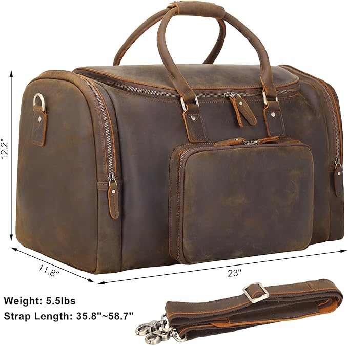 TIDING Full Grain Leather Travel Duffel Bag for Men, 23 Inch Vintage Weekender Overnight Gym Duffle Bag 52L Luggage Bag