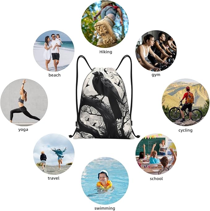 Black Crow Pattern Drawstring Backpack Bag - Sports Gym Sack For Women Men