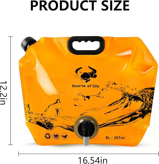 Collapsible 8L Water Storage Bag, BPA-Free Portable Folding Water Jug with Adjustable Faucet, Leakproof Emergency Water Bag for Camping, Hiking, Riding, Outdoor Sport (2, Blue & Orange)