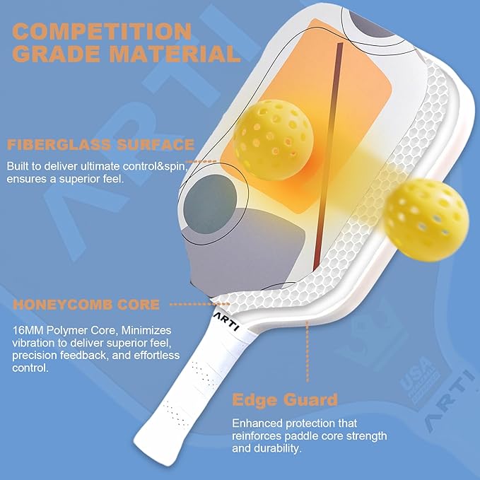 ARTI Pickleball Paddles Set of 2-USAPA Approved Fiberglass Surface Pickleball Set,2 Pickleball Rackets, 4 Balls and 1 Portable Carry Bag