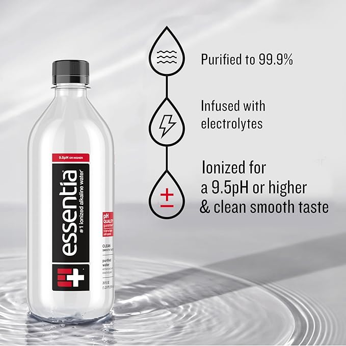 Essentia Water LLC, Ionized Alkaline Bottled Water; 99.9% Pure, Infused with Electrolytes, 9.5 pH or Higher a Clean, Smooth Taste, 20 Fl Oz (Pack of 24)