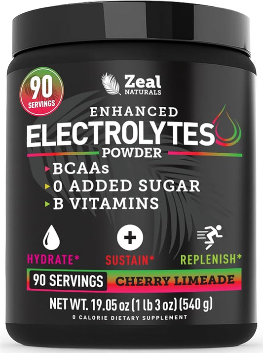 Zeal Electrolyte Powder - 90 Servings | Keto Electrolytes Powder | Zero Sugar, BCAAs, B-Vitamins | Potassium, Zinc, Magnesium | Hydration Powder Recovery Drink | Cherry Limeade