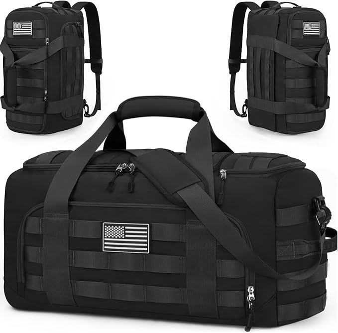 ZOMFELT Tactical Gym Bags for Men, Carry On Luggage 22x14x9 Airline Approved, 45L Duffle Bag with Removable Dividers & Innovative Shoe Compartment, Travel Duffel Gym Backpack, Black