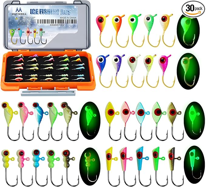 Ice Fishing Jigs Kit with Hard Box, 5 Styles Glow Jig Heads for Crappie, Walleye, Perch, Panfish. 30Pcs Premium Set with 3D Eyes - Portable Ice Fishing Gift & Tackle