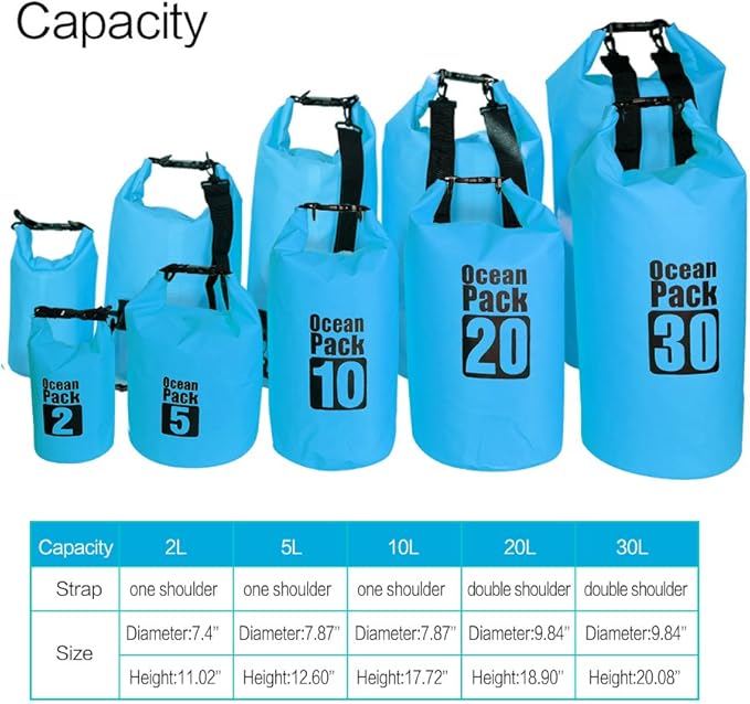 Dry Sack/Floating Waterproof Bag 2L/5L/10L/20L/30L for Boating, Kayaking, Hiking, Snowboarding, Camping, Rafting, Fishing and Backpacking