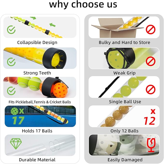 17 Balls Collapsible Pickleball Ball Retriever, Tennis Ball Retriever, Pickleball Pickup Tube with Shoulder Strap, Lightweight & Durable Ball Retriever for Easy Pickup, Collection, Carry, Storage