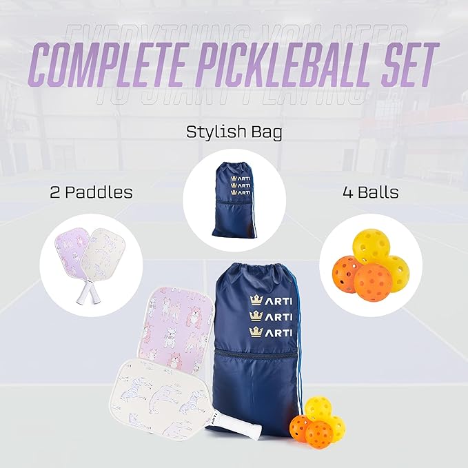 ARTI Pickleball Paddles Set of 2-USAPA Approved Fiberglass Surface Pickleball Set,2 Pickleball Rackets, 4 Balls and 1 Portable Carry Bag