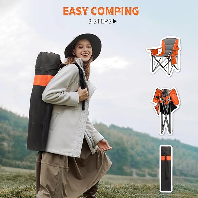 2 Pack Padded Oversized Camping Chairs for Adults,Heavy Duty Support 400 Lbs,Folding Portable Lawn Chair w/Cup Holder,Cooler Bag,Side Pocket,Perfect for Outdoor Picnic,Hiking(Orange&Blue)