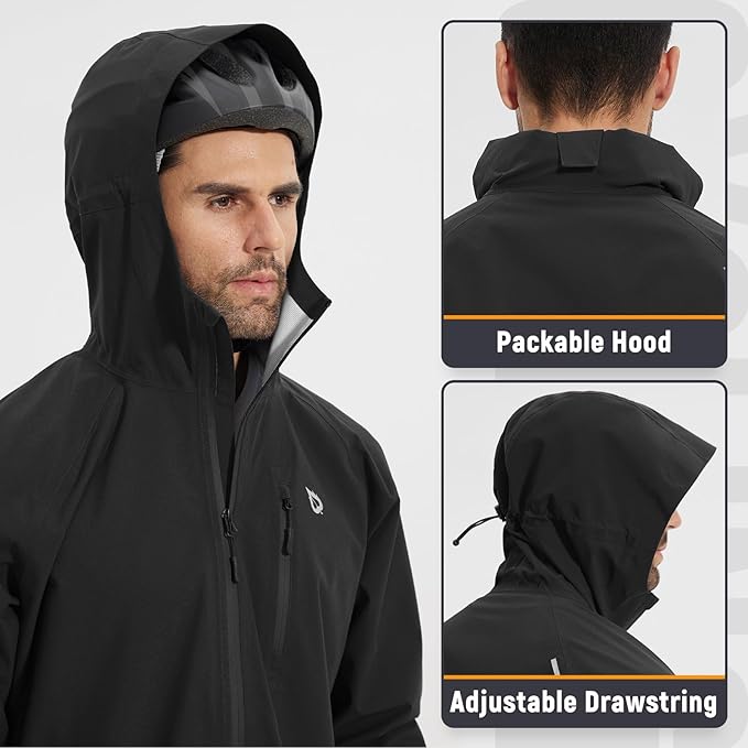 baleaf Men's Rain Jacket Waterproof Windbreaker Raincoat Running Cycling Hiking Gear Hood Lightweight Reflective Packable