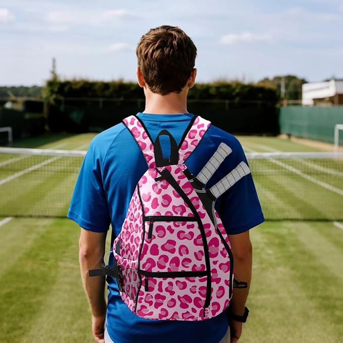 Pickleball Bag Pink Leopard Print Pickle Ball Backpack for Women Men Premium Lightweight Crossbody Sling Bag Sports Backpack for Pickleball Paddle Tennis