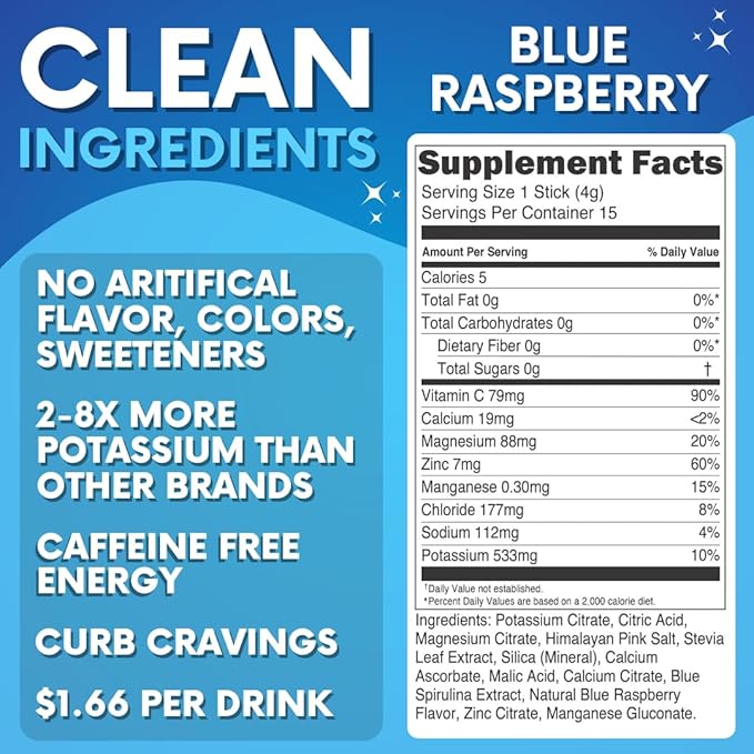 Zero Sugar - Blue Raspberry Electrolytes Powder - Refreshing Hydration - Caffeine Free Energy - All Natural Ingredients - Vegan, Keto and Paleo - Sugar Free Electrolyte Powder Drink Mix - 15 count