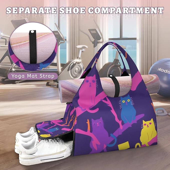 Yoga Gym Bag for Women, Cute Cat Gym Bag with Yoga Mat Holder, Purple Duffel Bag, Sport Bag with Shoe Compartment and Wet Dry Storage Pockets, Suitable for Gym, Travel, Pilates and Beach