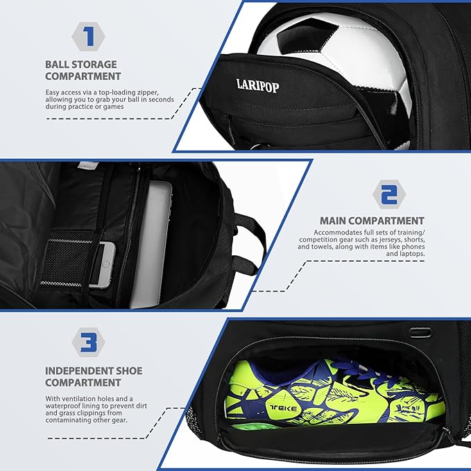 LARIPOP Soccer Backpack,Soccer Bag with Ball Holder and Shoe Compartment,Sports Equipment Training Bags Fits Basketball