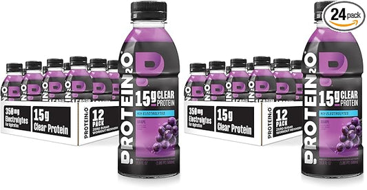Protein2o Hydration Drink - 2-in-1 Liquid Clear Whey Protein Isolate and Electrolyte Drink - 15g Protein, Vitamins B5, B6 - Post-Workout Recovery - 16.9 Fl Oz - Grape, (Pack of 24)