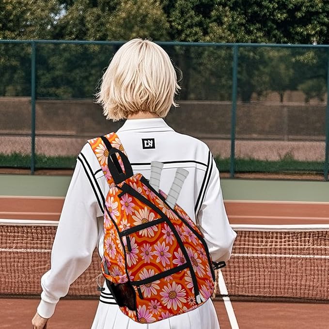 Pickleball Bag Daisy Flowers Orange Pickle Ball Backpack for Women Men Premium Lightweight Crossbody Sling Bag Sports Backpack for Pickleball Paddle Tennis