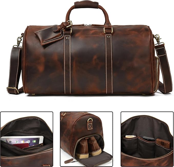 Full Grain Leather Duffel Bags for Men and Women 20 Inch Travel Overnight Weekend Leather Bags Travel Duffel for Men, 9804 Brown