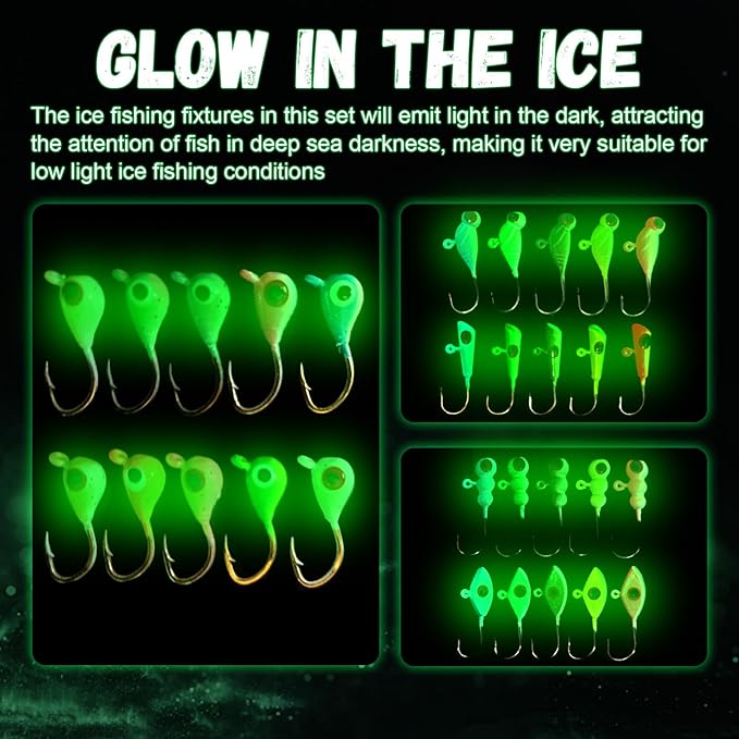 Ice Fishing Jigs Kit with Hard Box, 5 Styles Glow Jig Heads for Crappie, Walleye, Perch, Panfish. 30Pcs Premium Set with 3D Eyes - Portable Ice Fishing Gift & Tackle
