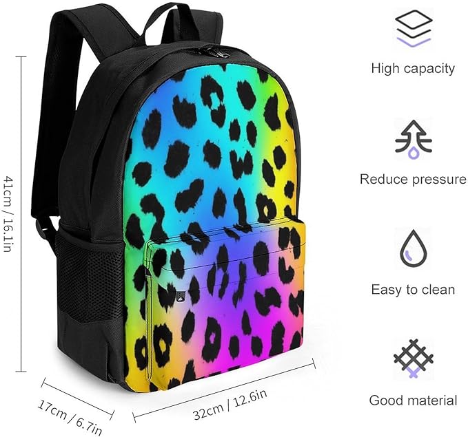 Adult Large Capacity Rainbow Colorful Cheetah Leopard Print Bags, Laptop Backpack Easy to Carry, Lightweight Bag for College Travel Work Outdoor Sports