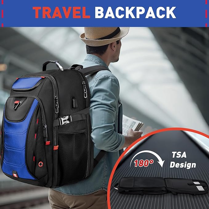 Z-MGKISS Large Travel Backpack for Men, 18.4 Inch Laptop backpack, TSA Flight Approved, Water Resistant, Business Work Bag with USB Charging Port, Extra large Backpacks, Blue