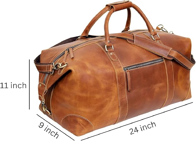 24 Inch Genuine Buffalo Leather Travel Duffle Bag, Overnight Weekend Leather Bag Sports Gym Duffel for Men, Airplane Under Seat Carry on Bags (Tan)
