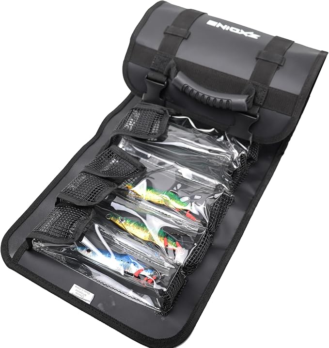 Lure Roll Up Fishing Jig Pouch Tackle bags | Heavy Duty Compact Waterproof Tarpaulin Fish Lure Pouch | 10 Clean Window Pockets for Fishing Lures Jigs Tools Storage