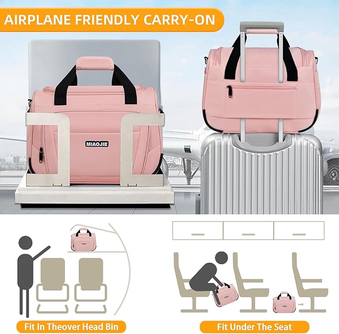 Underseat Carry On Luggage - Lightweight Travel Tote Weekender Bag Overnight Duffle for Travel, Personal Item - Pink-16Inch