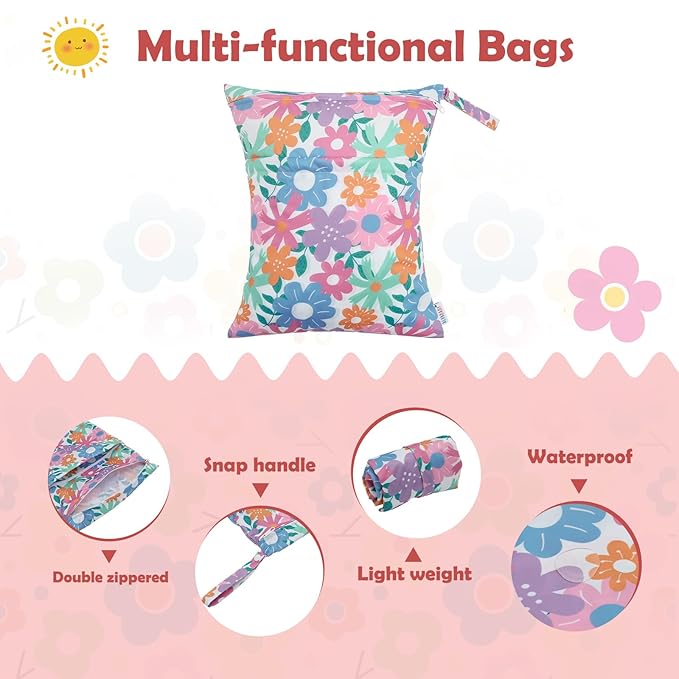 ALVABABY 3pcs Cloth Diaper Wet Dry Bags Waterproof Reusable with Two Zippered Pockets Travel Beach Pool Daycare Soiled Baby Items Yoga Gym Bag for Swimsuits or Wet Clothes 3L-ZM18A