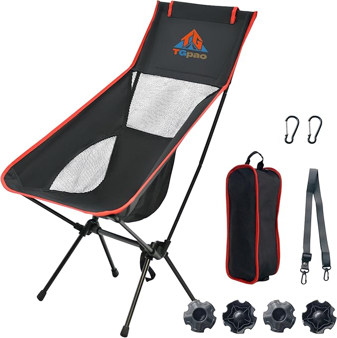 Lightweight Backpacking Folding Chair with Carry Bag,Stable and Sturdy Camping Chairs with Back Support, Fishing, Hiking and Beach Activities (high backrest, Black and red, L)