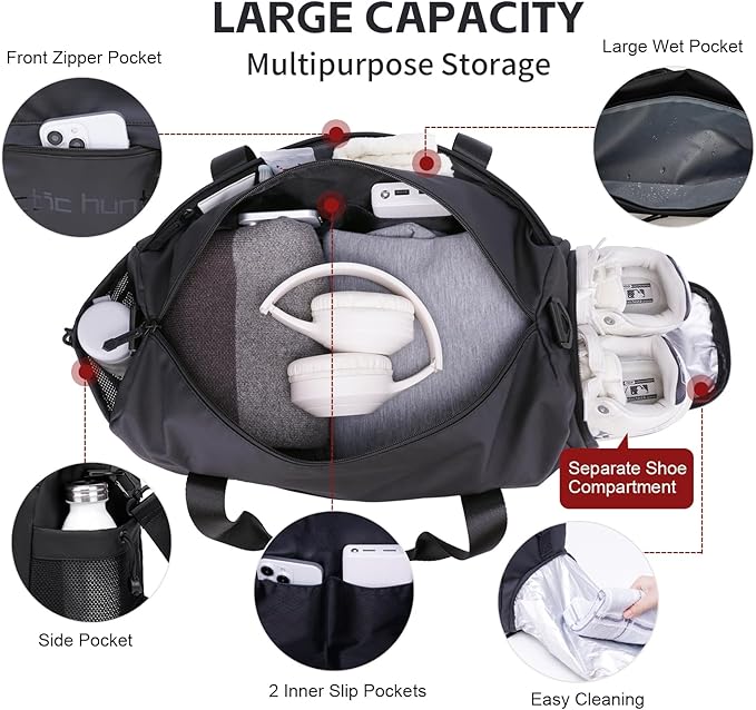 ARCTIC HUNTER AH Small Gym Bag Duffel Bag for Men Women with Shoe Compartment Ideal for Sports,Travel,and Overnight Trips, Athletic Gear Workout Weekender Bags, Black