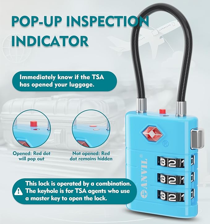 ANVIL TSA Approved Luggage Locks – High Security TSA008 Combination Travel Locks with Inspection Indicator for Suitcases and Backpacks. (2, Bule)