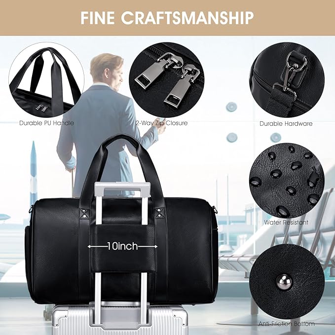 Wogarl 3PCS Leather Weekender Bag for Women Men: Large Overnight Travel Duffel Bags with Shoe Compartment Toiletry Packing Cube Carry On Tote Fit 21"(Black)