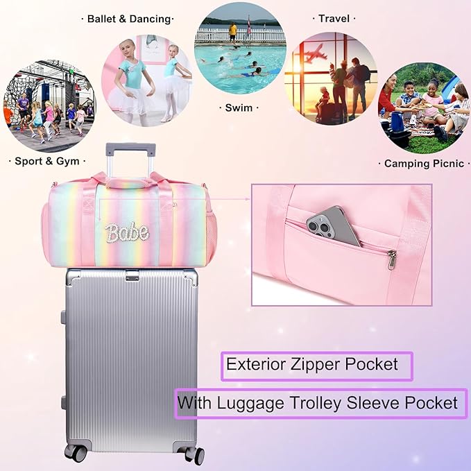 Ballet Dance Bag for Girls Shiny Rainbow Glitter Sports Duffle Bags for Girls Weekender Travel Bag with Waterproof Dry Wet Separated Compartment