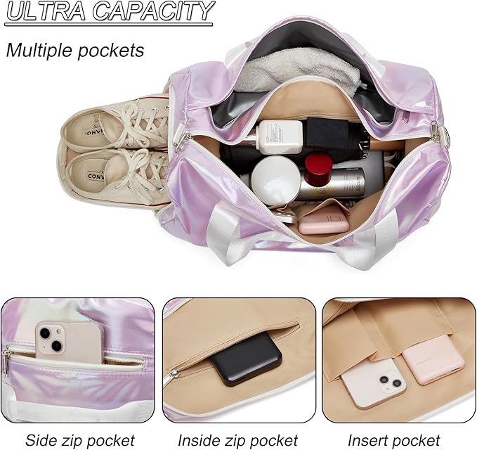 ZHIERNA Sports Gym Dance Bag for Women Girls, Shimmery Waterproof Duffle Travel Bag With Shoes Compartment and Wet Dry Pocket (Purple)