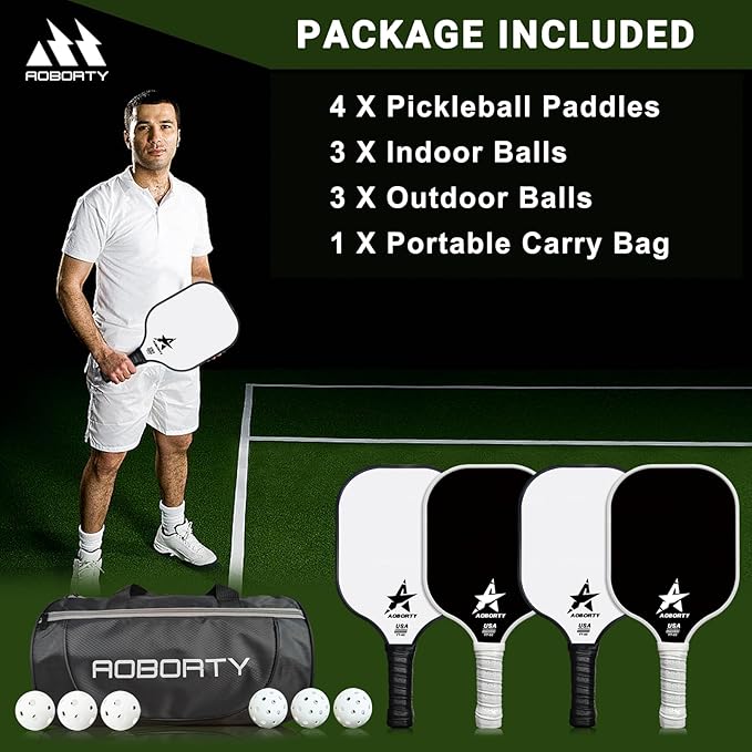 Pickleball Paddles 4 Pack - USAPA Light Graphite Premium Rackets Fiber Face & Polymer Honeycomb Core Pickleball Set with 4 Outdoor Indoor Balls Including Portable Carry Bag