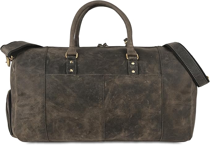 KomalC 24 Inch Leather Duffle Bags for Men and Women Travel Overnight Weekend Bag Sports Gym Duffel for Men (Charcoal Black With Shoe Pocket)