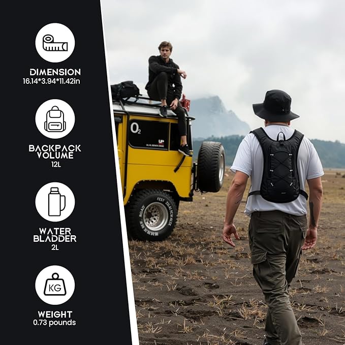 12L Hydration Backpack for Women and Men- Lightweight Hydration Pack with 2L Water Bladder, Water Pack for Hiking,Cycling,Rave and Running, Adjustable Chest Straps and Reflective