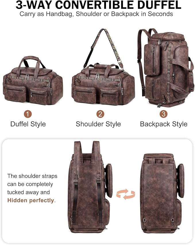 FADEON Duffle Bag for Women, Large Convertible Carry on Overnight Backpack, Designer Leather Mens Weekend Bags for Travel