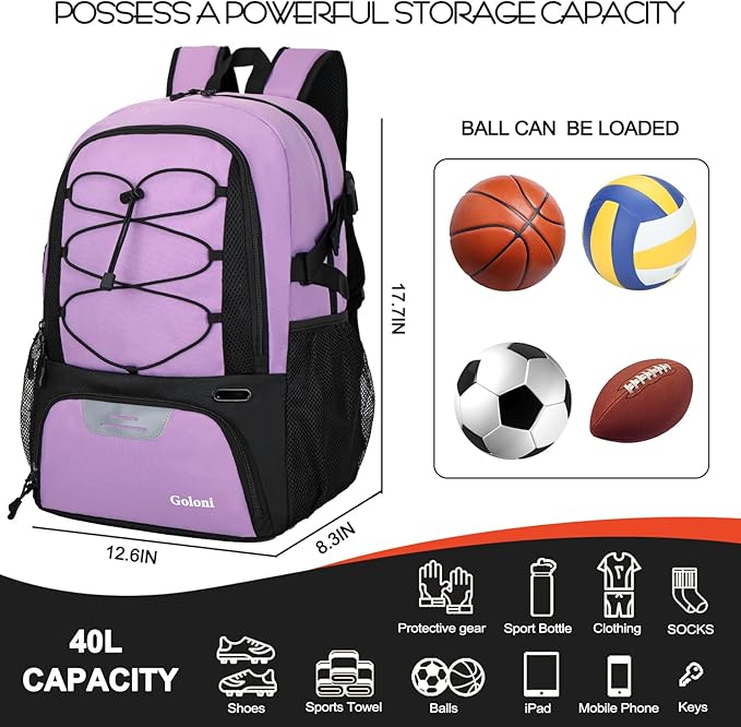 Goloni Basketball Backpack,Large Sports Bag with Ball Compartment & Shoe Compartment,Basketball Bag Fit Volleyball, soccer,Gym