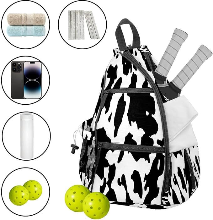 Pickleball Bag Cow Print Pickle Ball Backpack for Women Men Premium Lightweight Crossbody Sling Bag Sports Backpack for Pickleball Paddle Tennis
